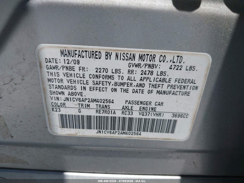 2010 Infiniti G37 VIN JN1CV6AP2AM402564 IAAI salvage auction — NORMAL WEAR, Clear (Florida), sold $700 on 2026-07-23 (photo 9)