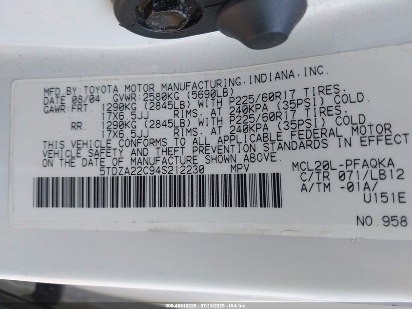 2004 Toyota Sienna VIN 5TDZA22C94S212230 IAAI salvage auction — NORMAL WEAR, Clear (Massachusetts), sold $125 on 2026-07-24 (photo 9)