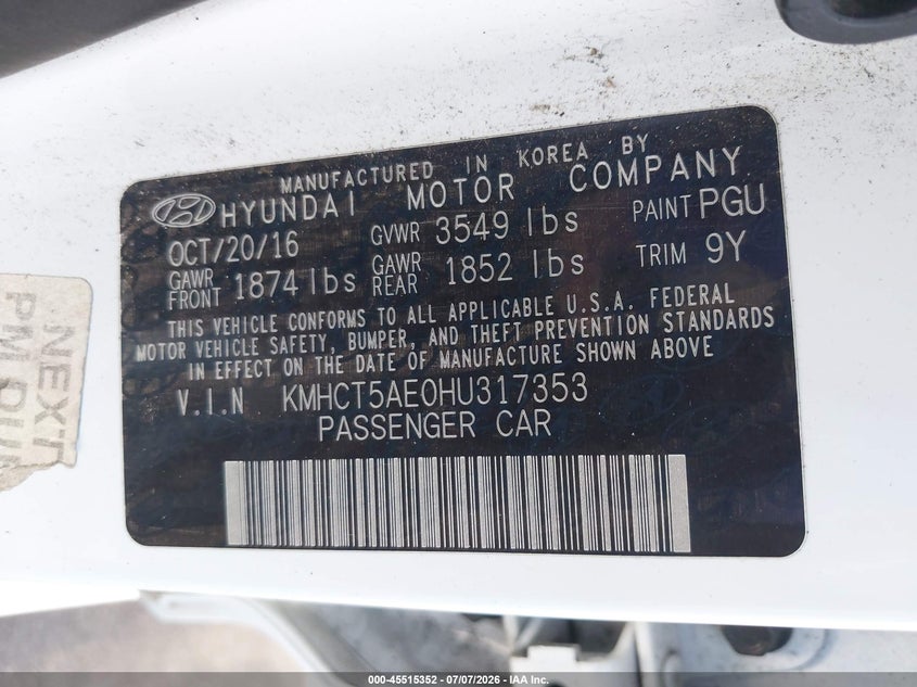 2017 Hyundai Accent VIN KMHCT5AE0HU317353 IAAI salvage auction — REAR END, Salvage Title, sold $975 on 2026-07-15 (photo 9)