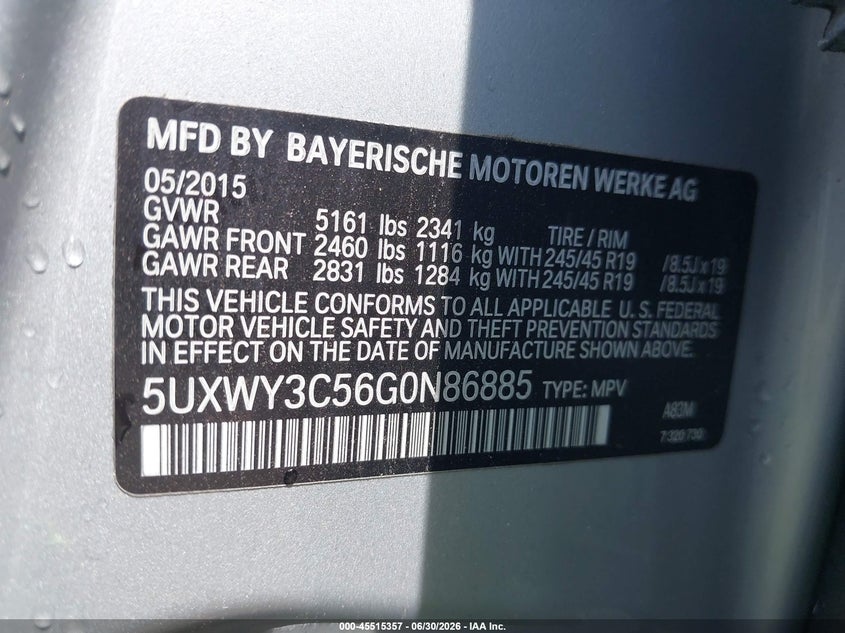 2016 BMW X3 VIN 5UXWY3C56G0N86885 IAAI salvage auction — REAR END, Salvage - Greater Than 75% (Maryland), sold $3,350 on 2026-07-29 (photo 9)