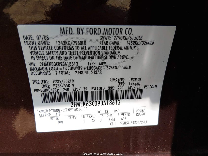 2009 Ford Flex VIN 2FMEK63C09BA18613 IAAI salvage auction — NORMAL WEAR, Clear (New Jersey), sold $1,450 on 2026-07-09 (photo 9)