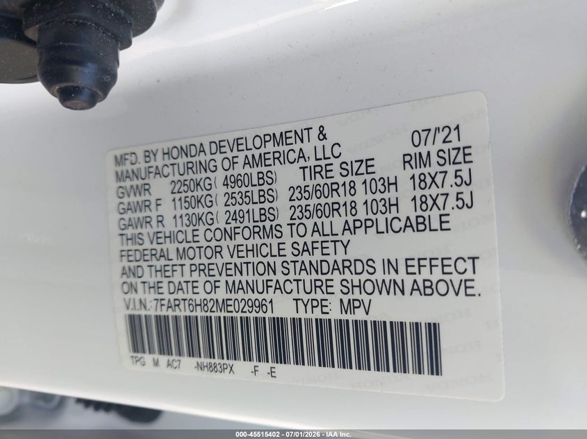 2021 Honda Cr-v VIN 7FART6H82ME029961 IAAI salvage auction — REAR END, Salvage (North Carolina), sold $13,250 on 2026-07-30 (photo 9)