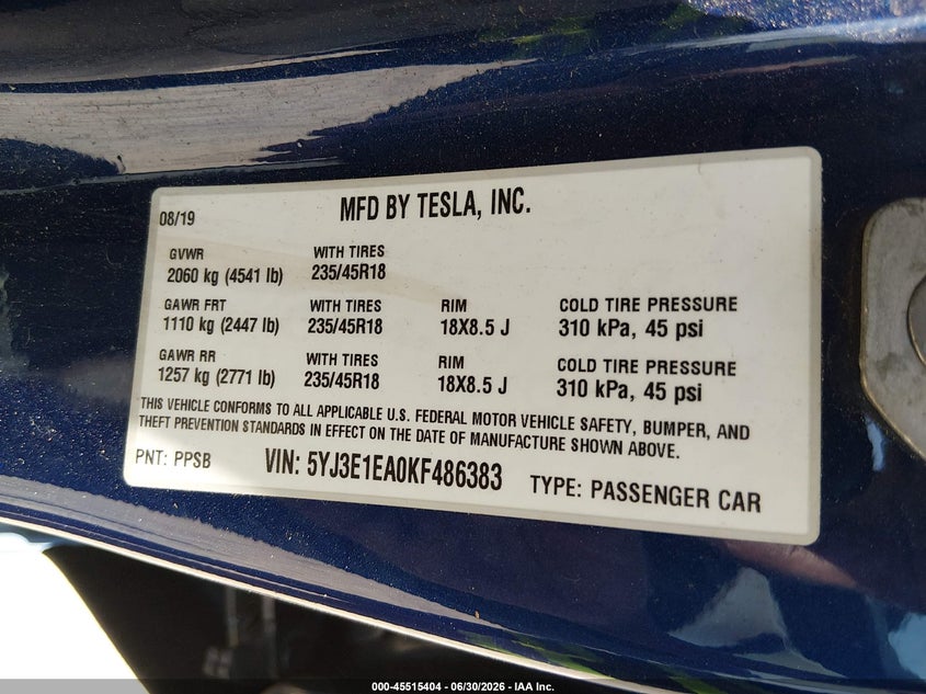 2019 Tesla Model 3 VIN 5YJ3E1EA0KF486383 IAAI salvage auction — REAR END, Salvage (New Jersey), sold $6,200 on 2026-07-29 (photo 9)
