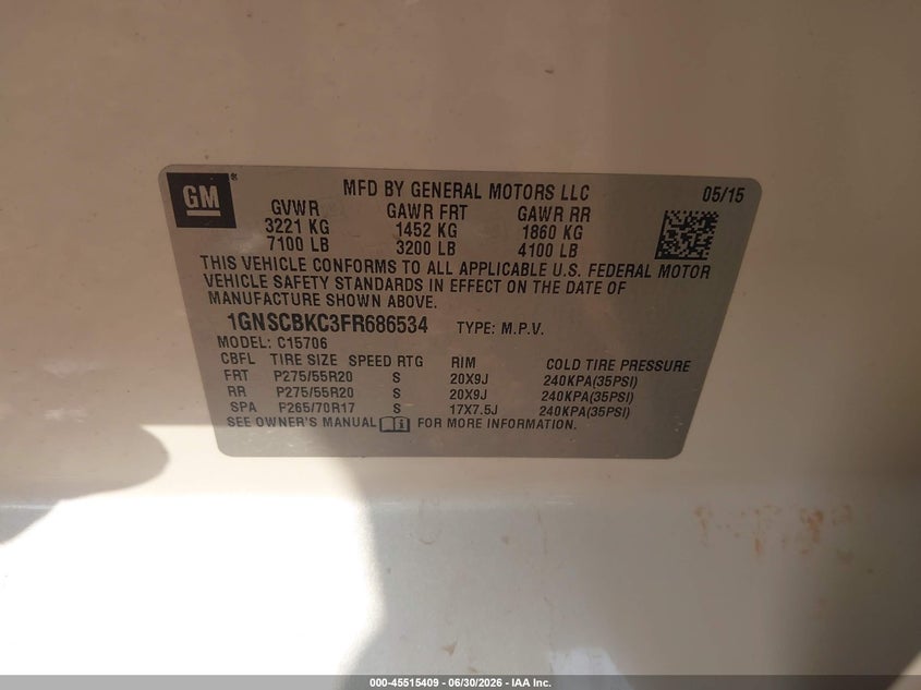 2015 Chevrolet Tahoe VIN 1GNSCBKC3FR686534 IAAI salvage auction — LEFT SIDE, Original (Texas), sold $6,525 on 2026-07-09 (photo 9)