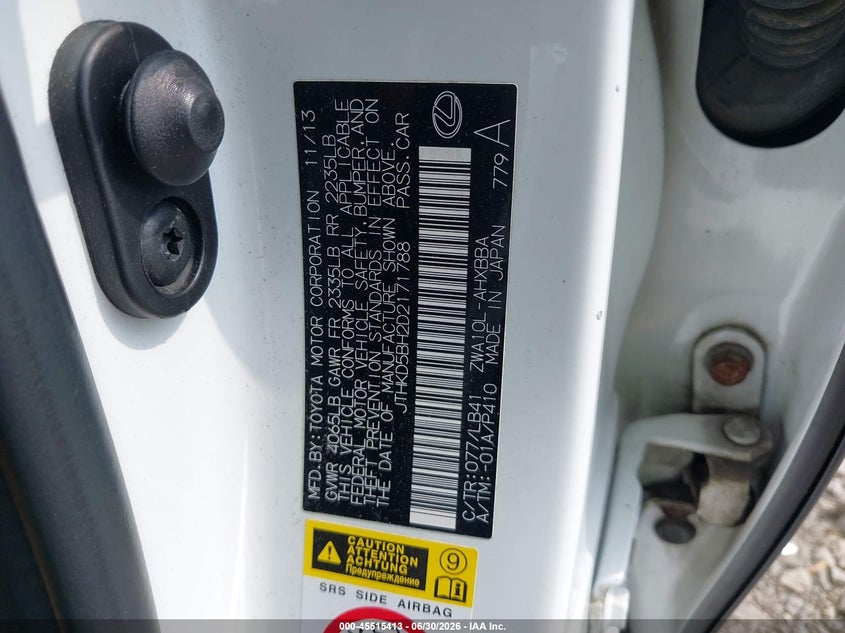 2013 Lexus Ct VIN JTHKD5BH2D2171788 IAAI salvage auction — RIGHT REAR, Mv-907A (New York), sold $2,750 on 2026-07-08 (photo 9)