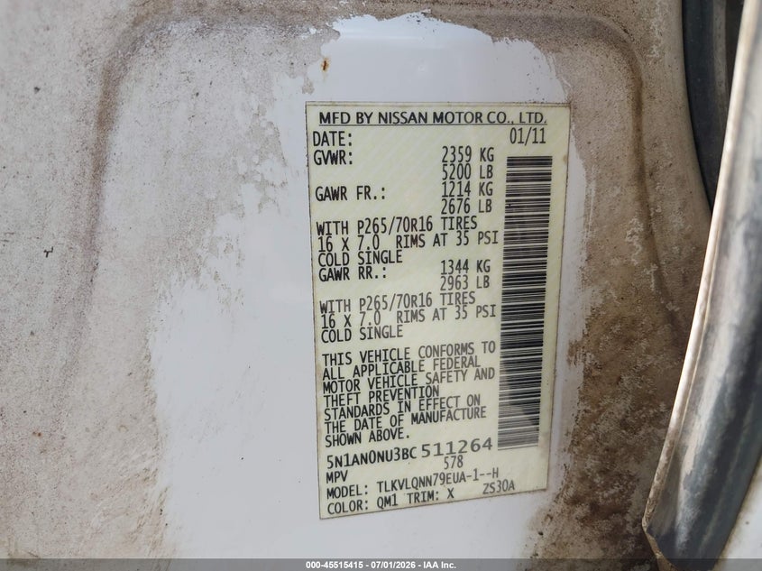 2011 Nissan Xterra VIN 5N1AN0NU3BC511264 IAAI salvage auction — NORMAL WEAR, Clear (Texas), sold $600 on 2026-07-09 (photo 9)
