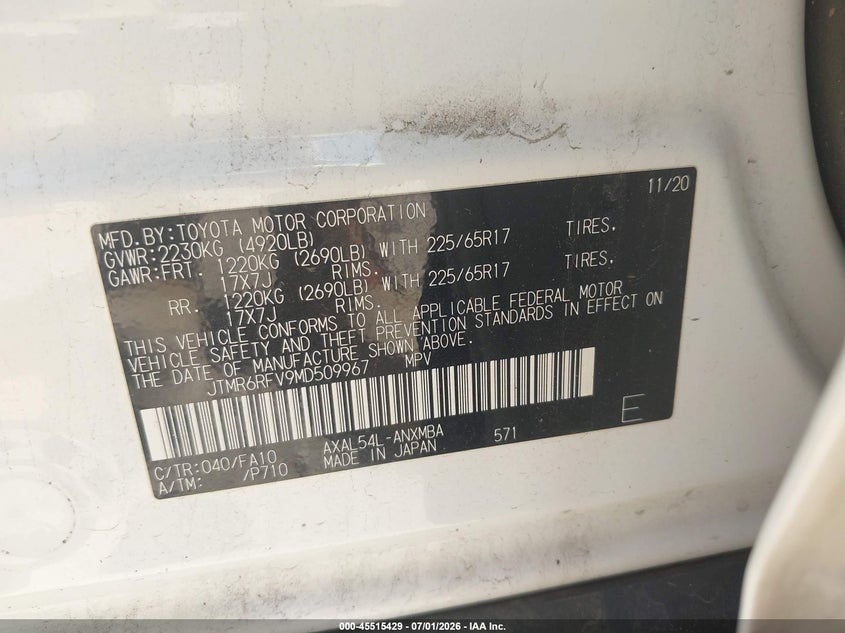 2021 Toyota Rav 4 VIN JTMR6RFV9MD509967 IAAI salvage auction — FRONT END, Salvage Title, sold $10,100 on 2026-08-01 (photo 9)