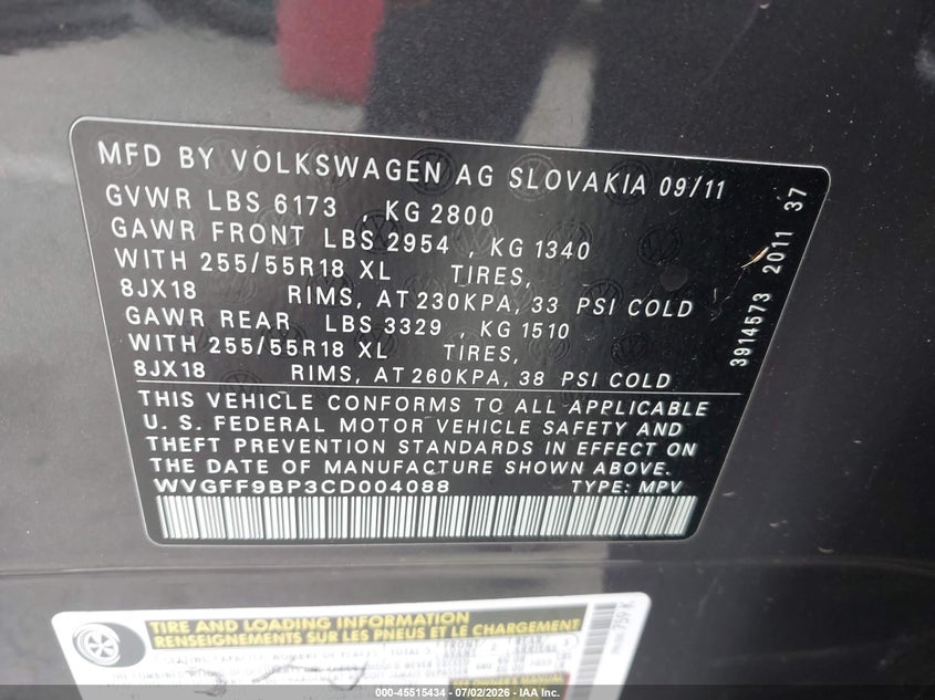 2012 Volkswagen Touareg VIN WVGFF9BP3CD004088 IAAI salvage auction — REAR END, Salvage (California), sold $1,250 on 2026-07-15 (photo 9)