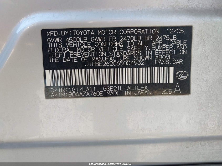 2006 Lexus Is 350 VIN JTHBE262065004932 IAAI salvage auction — NORMAL WEAR, Clear - Dealer Only (California), sold $1,900 on 2026-07-08 (photo 9)