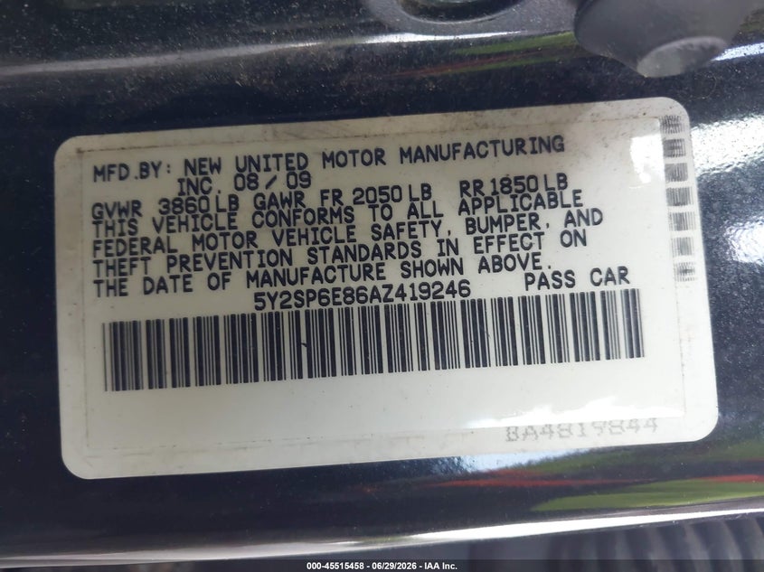 2010 Pontiac Vibe VIN 5Y2SP6E86AZ419246 IAAI salvage auction — NORMAL WEAR, Clear (New Jersey), sold $775 on 2026-07-14 (photo 9)