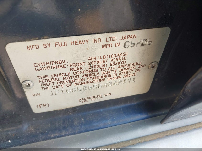 2006 Subaru Impreza VIN JF1GG68696H822141 IAAI salvage auction — NORMAL WEAR, Clear (South Carolina), sold $4,350 on 2026-07-07 (photo 9)