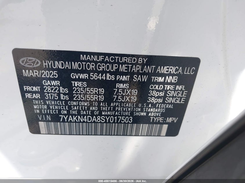 2025 Hyundai Ioniq 5 VIN 7YAKN4DA8SY017503 IAAI salvage auction — LEFT REAR, Salvage Title, sold $15,150 on 2026-08-14 (photo 9)