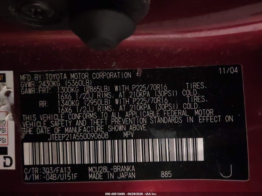 2005 Toyota Highlander VIN JTEEP21A550090608 IAAI salvage auction — NORMAL WEAR, Clear (Minnesota), sold $900 on 2026-07-08 (photo 9)