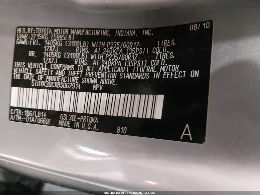 2011 Toyota Sienna VIN 5TDYK3DCXBS062914 IAAI salvage auction — LEFT SIDE, Salvage (Idaho), sold $2,675 on 2026-08-01 (photo 9)