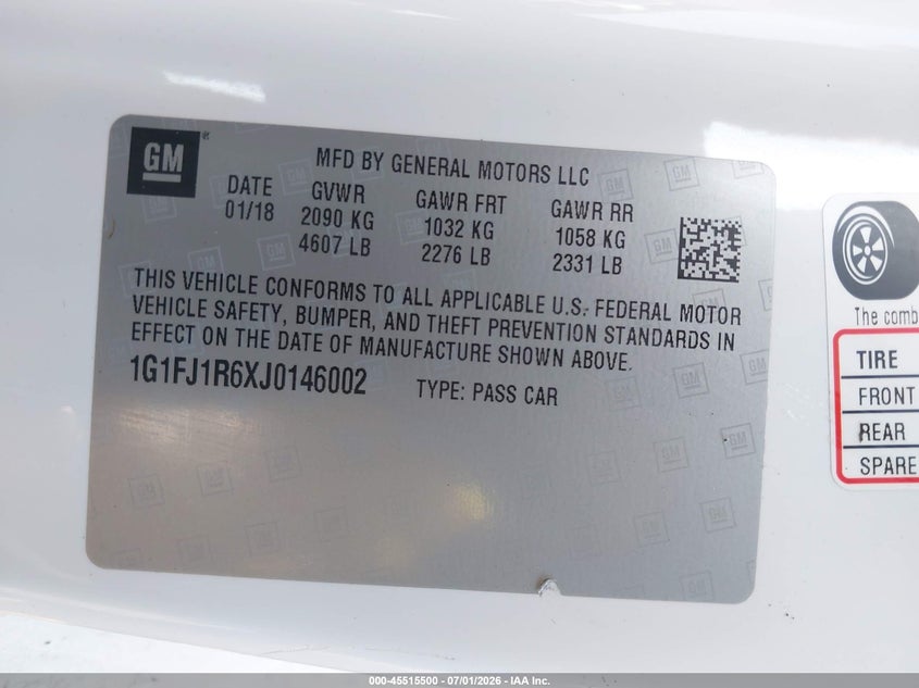 2018 Chevrolet Camaro VIN 1G1FJ1R6XJ0146002 IAAI salvage auction — FRONT & REAR, Mv-907A (New York), sold $10,500 on 2026-07-28 (photo 9)