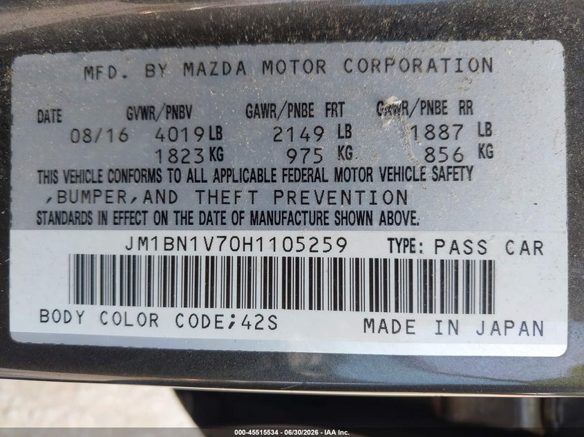 2017 Mazda 3 VIN JM1BN1V70H1105259 IAAI salvage auction — NORMAL WEAR, Original (Maine), sold $1,800 on 2026-07-20 (photo 9)