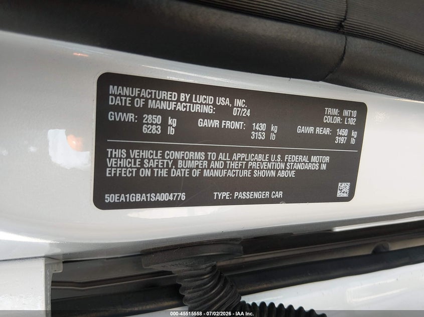 2025 Lucid Air VIN 50EA1GBA1SA004776 IAAI salvage auction — FRONT END, Salvage (California), sold $27,650 on 2026-08-04 (photo 9)