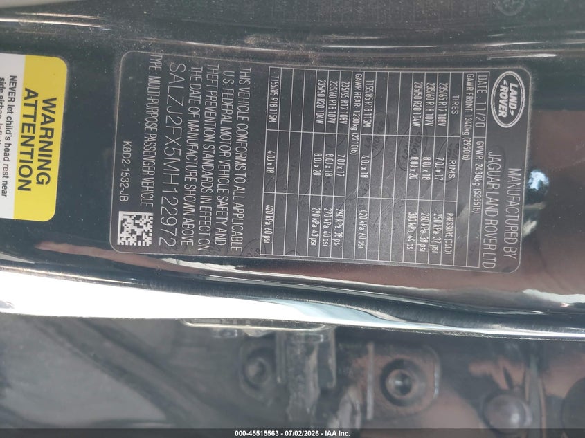 2021 Land rover Range rover evoque VIN SALZJ2FX5MH122972 IAAI salvage auction — FRONT END, Wait Title, sold $6,700 on 2026-08-23 (photo 9)