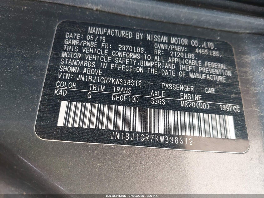 2019 Nissan Rogue VIN JN1BJ1CR7KW338312 IAAI salvage auction — NORMAL WEAR, Salvage Title, sold $3,900 on 2026-07-09 (photo 9)