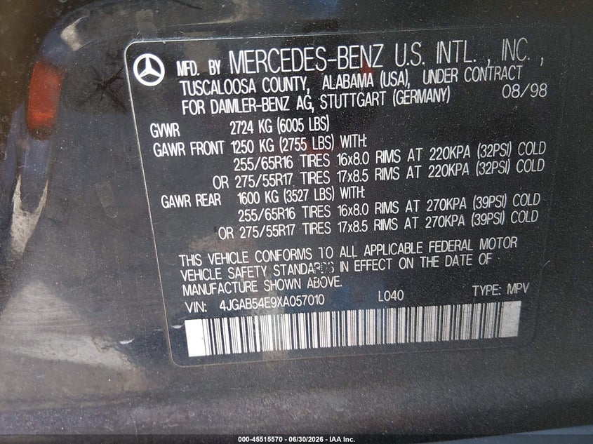 1999 Mercedes-benz Ml-class VIN 4JGAB54E9XA057010 IAAI salvage auction — NORMAL WEAR, Clear (Nevada), sold $25 on 2026-07-10 (photo 7)