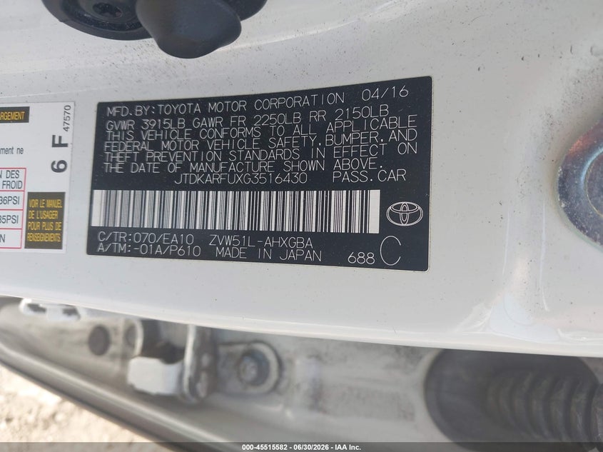 2016 Toyota Prius VIN JTDKARFUXG3516430 IAAI salvage auction — NORMAL WEAR, Clear (Rhode Island), sold $5,775 on 2026-07-07 (photo 9)
