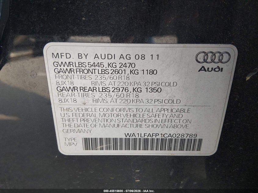 2012 Audi Q5 VIN WA1LFAFP1CA028789 IAAI salvage auction — NORMAL WEAR, Clear (North Carolina), sold $775 on 2026-07-29 (photo 9)