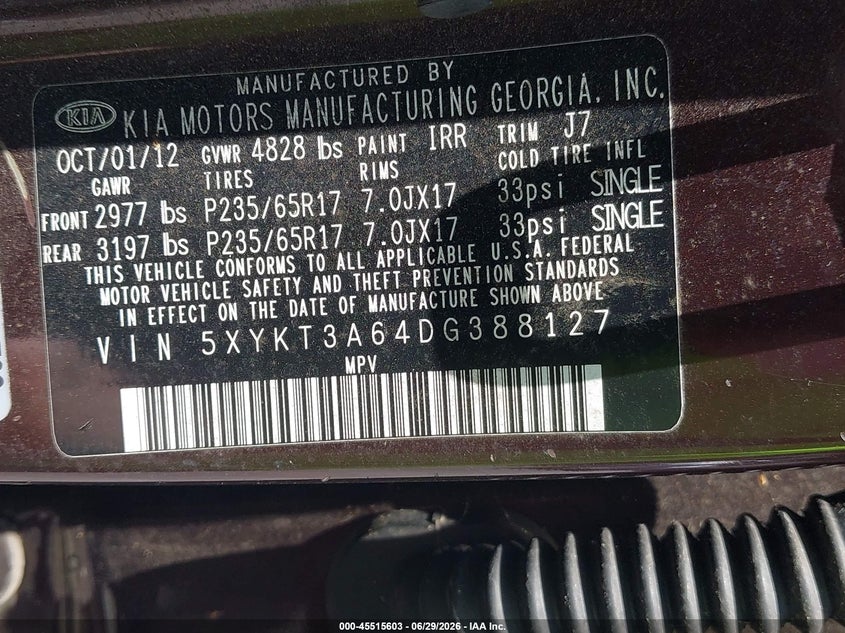 2013 Kia Sorento VIN 5XYKT3A64DG388127 IAAI salvage auction — NORMAL WEAR, Clear (Florida), sold $600 on 2026-07-23 (photo 9)
