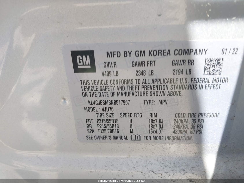 2022 Buick Encore VIN KL4CJESM3NB517967 IAAI salvage auction — SUSPENSION, Salvage (Massachusetts), sold $1,150 on 2026-07-31 (photo 9)