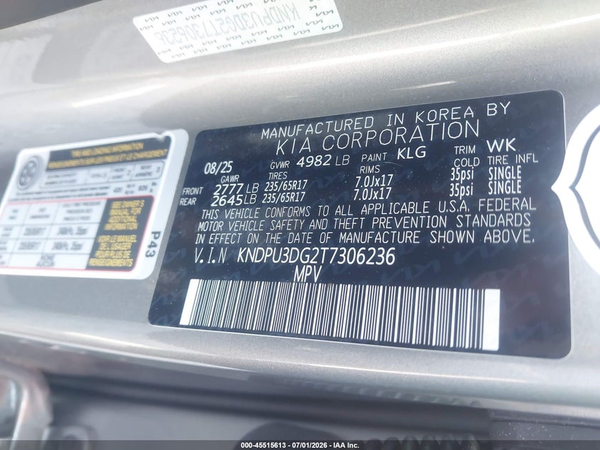 2026 Kia Sportage VIN KNDPU3DG2T7306236 IAAI salvage auction — ROLLOVER, Certificate Of Destruction (Florida), sold $25 on 2026-07-28 (photo 9)