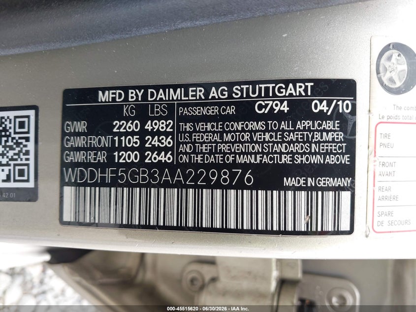 2010 Mercedes-benz E-class VIN WDDHF5GB3AA229876 IAAI salvage auction — LEFT REAR, Bill Of Sale (Washington), sold $1,250 on 2026-07-22 (photo 9)