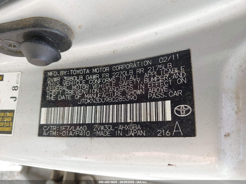 2011 Toyota Prius VIN JTDKN3DU9B0285390 IAAI salvage auction — NORMAL WEAR, Clear (Virginia), sold $1,475 on 2026-07-17 (photo 9)