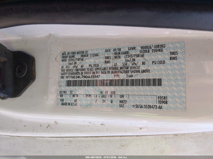 2009 Ford E 250 VIN 1FTNE24L79DA15947 IAAI salvage auction — SIDE, Clear (Illinois), sold $650 on 2026-07-08 (photo 9)