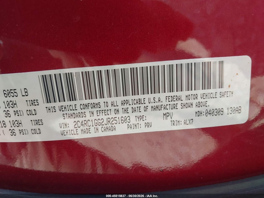 2018 Chrysler Pacifica VIN 2C4RC1GG2JR251603 IAAI salvage auction — FRONT END, Salvage Title, sold $2,150 on 2026-07-11 (photo 9)