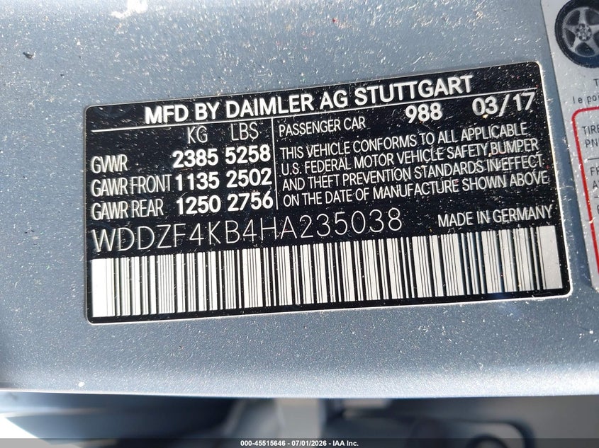2017 Mercedes-benz E-klasse VIN WDDZF4KB4HA235038 IAAI salvage auction — RIGHT FRONT, Salvage (Pennsylvania), sold $5,400 on 2026-07-22 (photo 9)