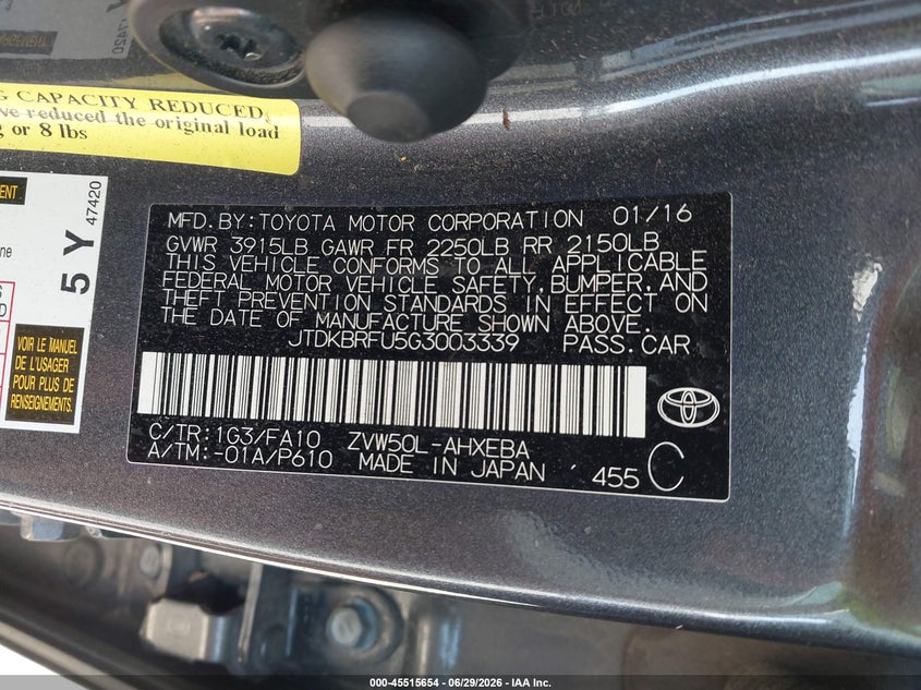 2016 Toyota Prius VIN JTDKBRFU5G3003339 IAAI salvage auction — NORMAL WEAR, Salvage Rebuilt (North Carolina), sold $2,350 on 2026-07-31 (photo 9)