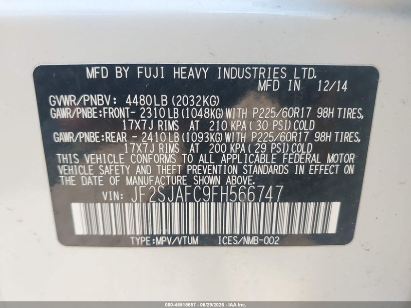 2015 Subaru Forester VIN JF2SJAFC9FH566747 IAAI salvage auction — NORMAL WEAR, Clear (Massachusetts), sold $700 on 2026-07-31 (photo 9)