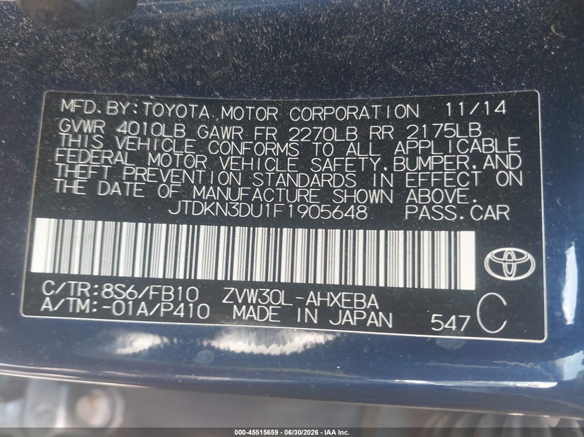 2015 Toyota Prius VIN JTDKN3DU1F1905648 IAAI salvage auction — FRONT END, Salvage Title, sold $975 on 2026-07-10 (photo 9)