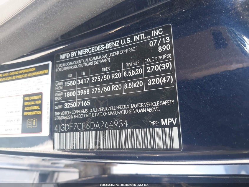 2013 Mercedes-benz Gl-klasse VIN 4JGDF7CE6DA264934 IAAI salvage auction — NORMAL WEAR, Clear (Texas), sold $1,600 on 2026-07-25 (photo 9)