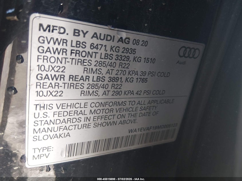 2021 Audi Q8 VIN WA1EVAF19MD005123 IAAI salvage auction — FRONT END, Salvage (Texas), sold $10,500 on 2026-07-31 (photo 9)