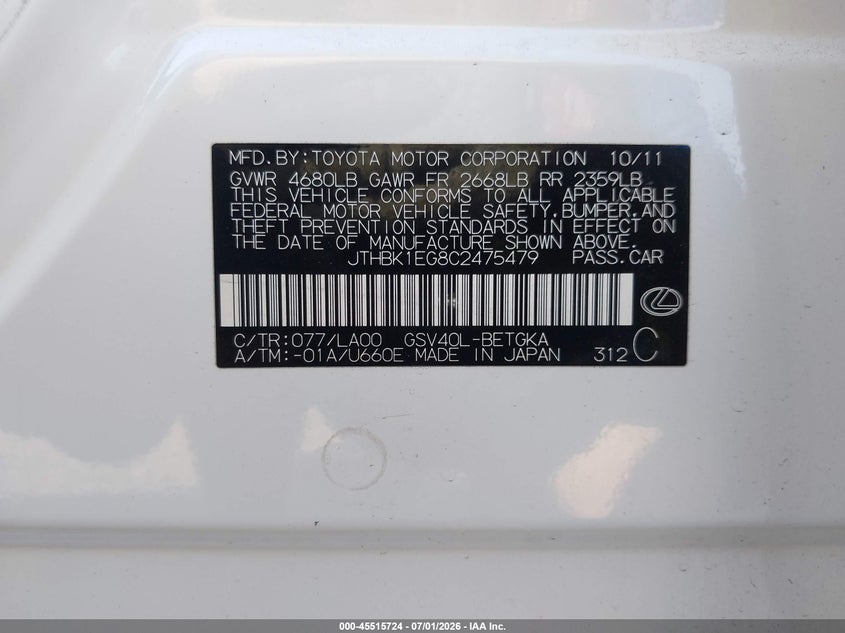2012 Lexus ES VIN JTHBK1EG8C2475479 IAAI salvage auction — RIGHT FRONT, Salvage Title, sold $2,150 on 2026-07-31 (photo 9)