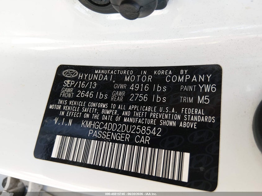 2013 Hyundai Genesis VIN KMHGC4DD2DU258542 IAAI salvage auction — NORMAL WEAR, Original (Texas), sold $700 on 2026-07-20 (photo 9)