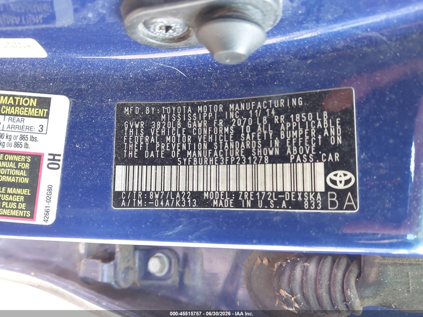 2015 Toyota Corolla VIN 5YFBURHE3FP231278 IAAI salvage auction — FRONT END, Salvage (Georgia), sold $2,800 on 2026-08-01 (photo 9)