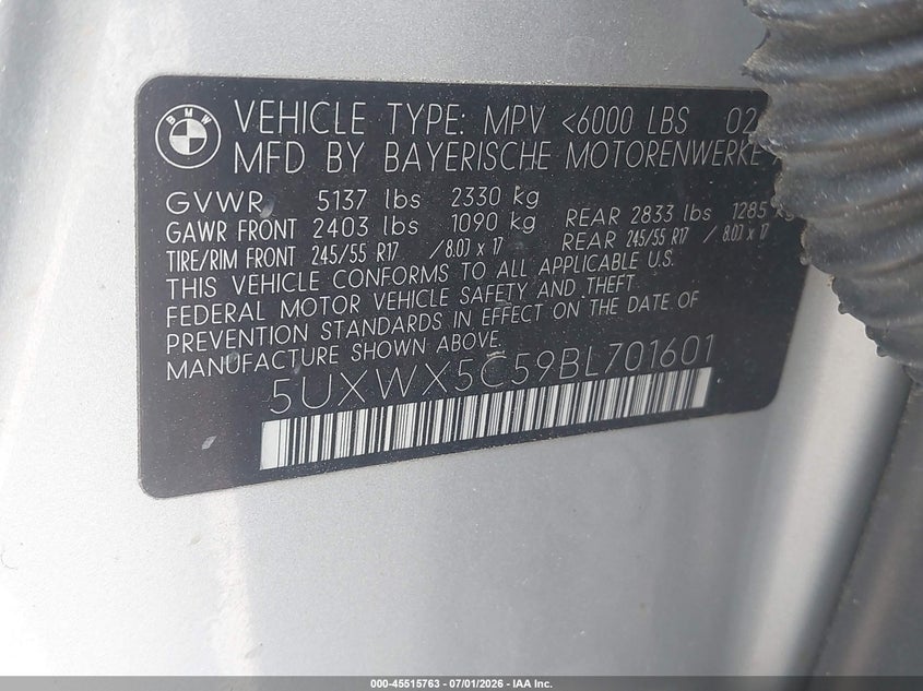 2011 BMW X3 VIN 5UXWX5C59BL701601 IAAI salvage auction — NORMAL WEAR, Clear (Maryland), sold $800 on 2026-07-20 (photo 9)