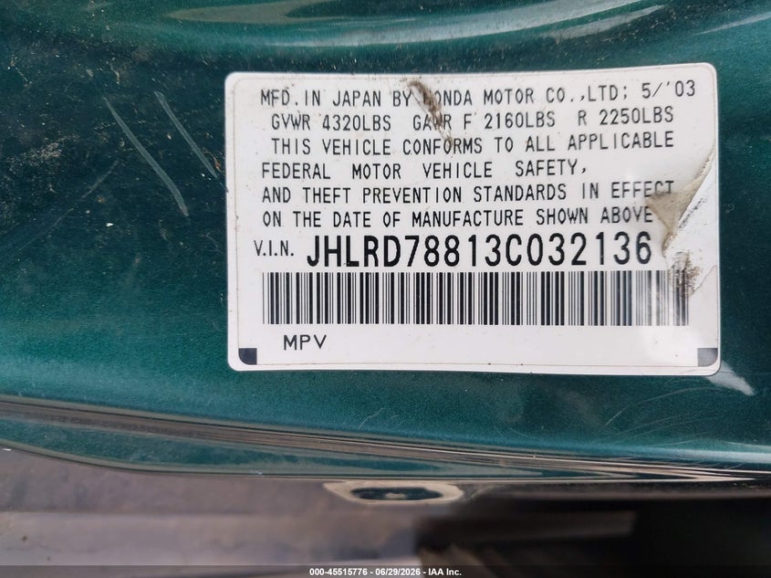 2003 Honda Cr-v VIN JHLRD78813C032136 IAAI salvage auction — NORMAL WEAR, Clear (Washington), sold $750 on 2026-07-29 (photo 9)