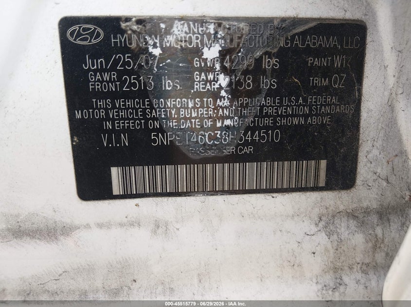 2008 Hyundai Sonata VIN 5NPET46C38H344510 IAAI salvage auction — RIGHT REAR, Rebuildable (Florida), sold $375 on 2026-07-14 (photo 9)