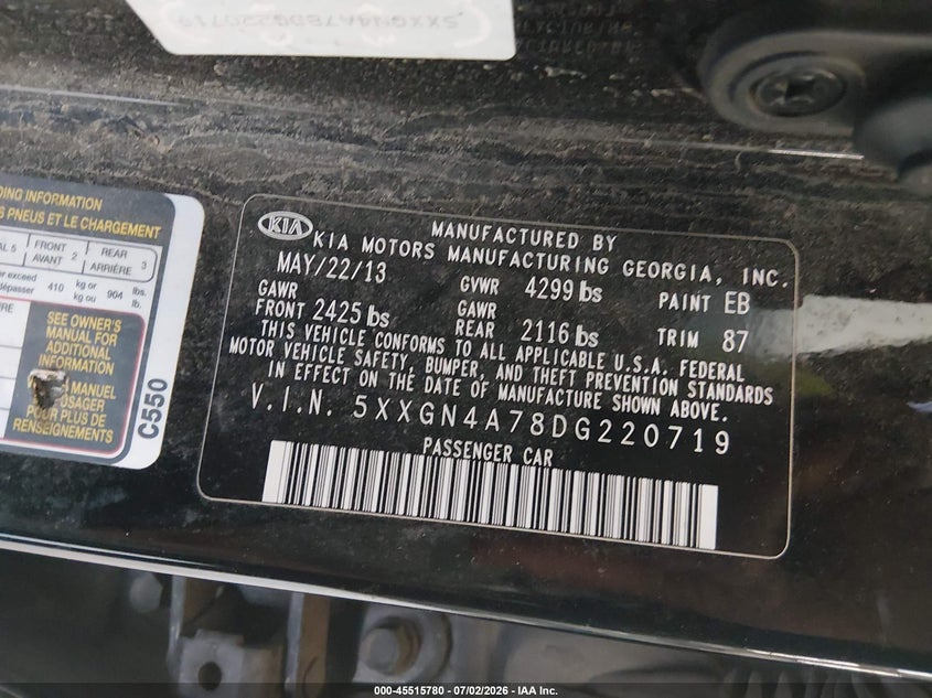 2013 Kia Optima VIN 5XXGN4A78DG220719 IAAI salvage auction — RIGHT FRONT, Parts Only Bos (Minnesota), sold $375 on 2026-07-21 (photo 9)