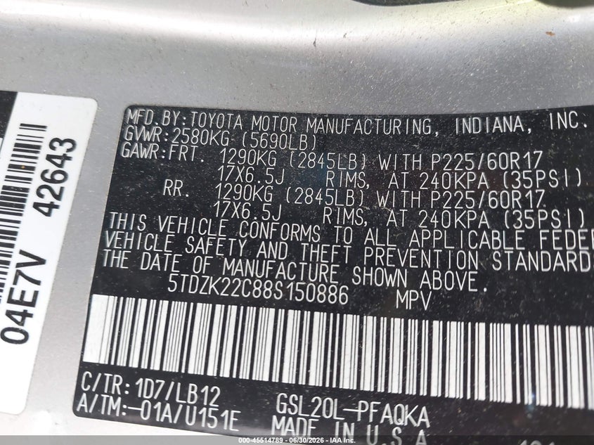 2008 Toyota Sienna VIN 5TDZK22C88S150886 IAAI salvage auction — NORMAL WEAR, Clear (Massachusetts), sold $1,025 on 2026-07-07 (photo 9)