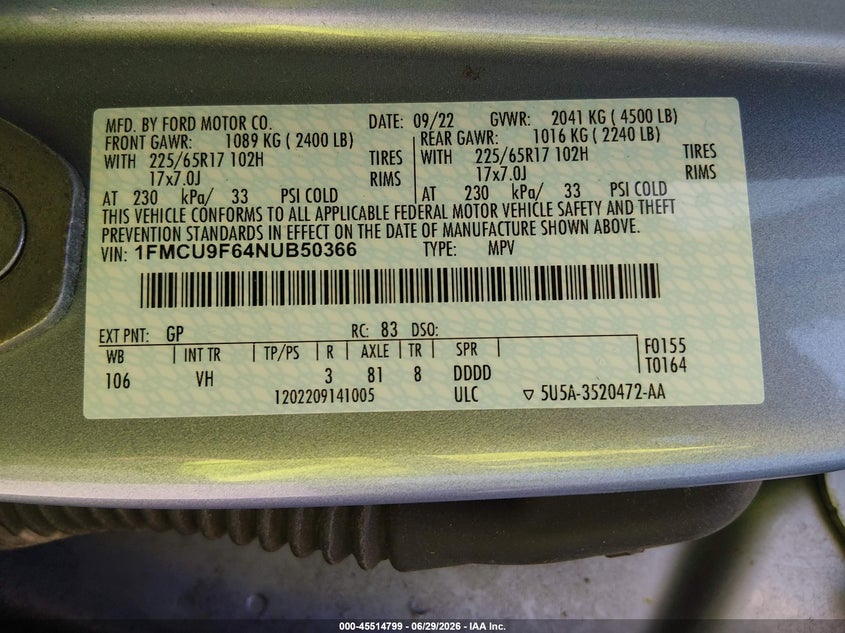 2022 Ford Escape VIN 1FMCU9F64NUB50366 IAAI salvage auction — NORMAL WEAR, Sf97 (New York), sold $8,400 on 2026-08-20 (photo 9)