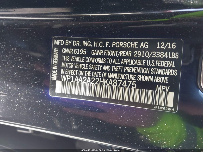2017 Porsche Cayenne VIN WP1AA2A22HKA87475 IAAI salvage auction — NORMAL WEAR, Clear - Dealer Only (California), sold $1,750 on 2026-07-29 (photo 9)
