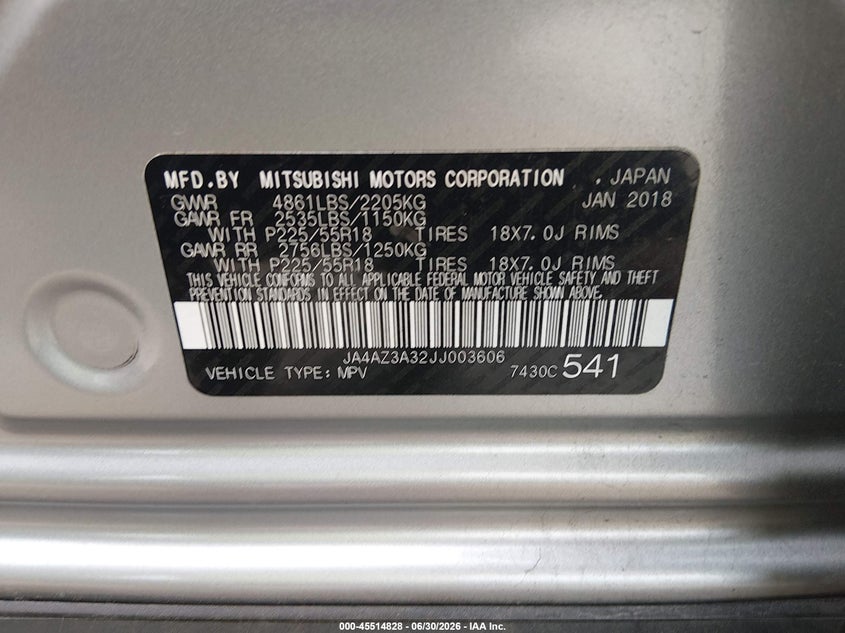 2018 Mitsubishi Outlander VIN JA4AZ3A32JJ003606 IAAI salvage auction — ROOF, Clear (Tennessee), sold $25 on 2026-07-29 (photo 9)